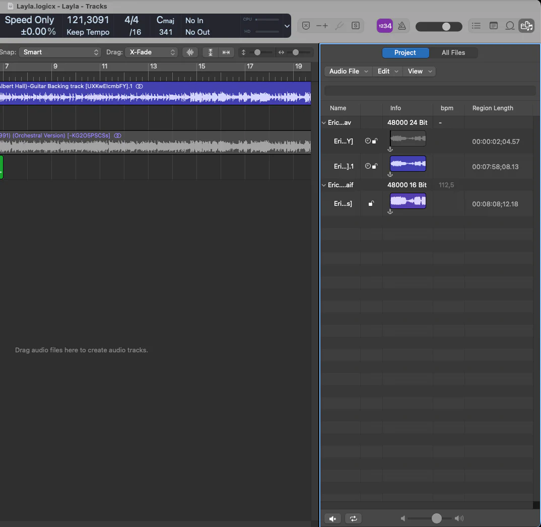 打开 Logic Pro 项目音频文件列表