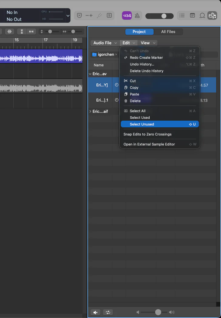 选择 Logic Pro 里没有用到的音频文件