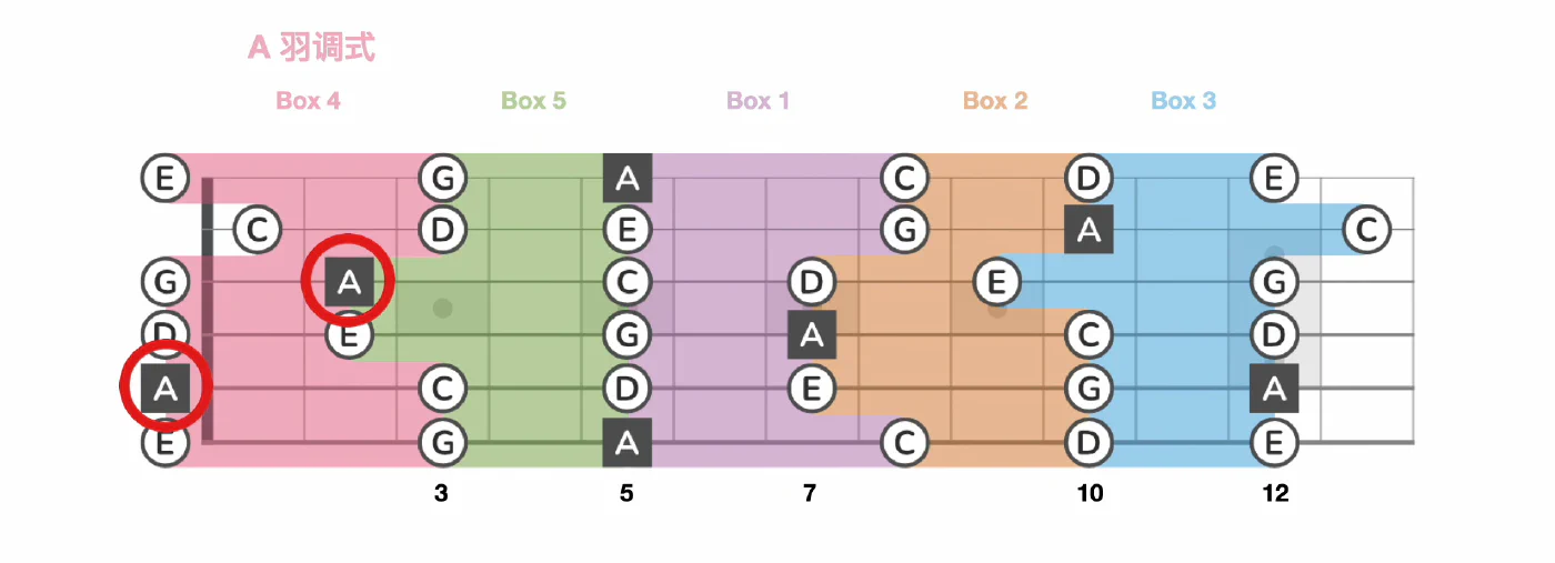 A 小调五声音阶:Box 4(主音示意)