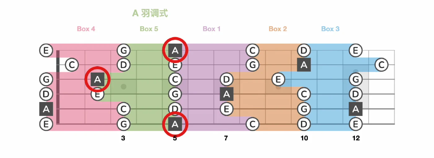 A 小调五声音阶:Box 5(主音示意)